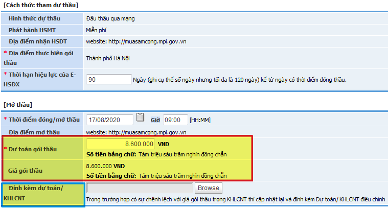 Hình chụp khai báo dự toán gói thầu, 8.600.000 là mặc định lấy theo KHLCNT