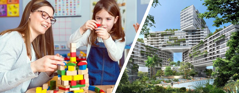 STEAM trang bị cho người học những kỹ năng cần thiết và thực tế. Những trò chơi block của trẻ lúc nhỏ sẽ là ý tưởng đột phá trong tương lai. Hình phải: Kiến trúc tòa nhà xanh ở Singapore.